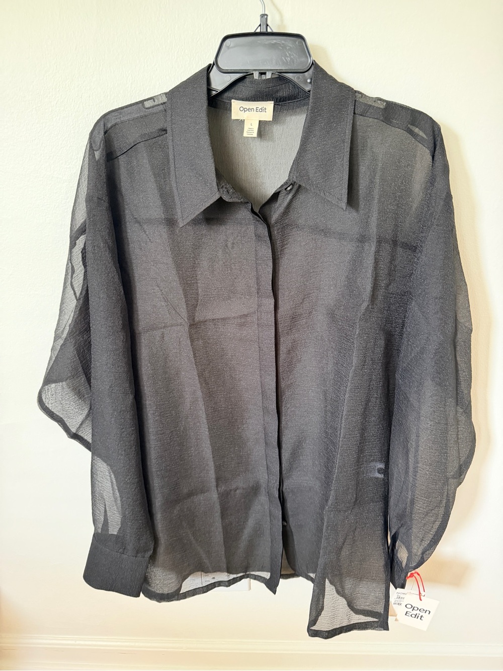 Open Edit Black Sheer Button-Down Shirt